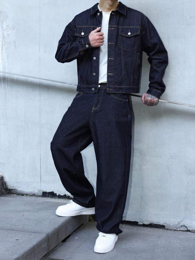 navy blue denim loose fit wide leg pants