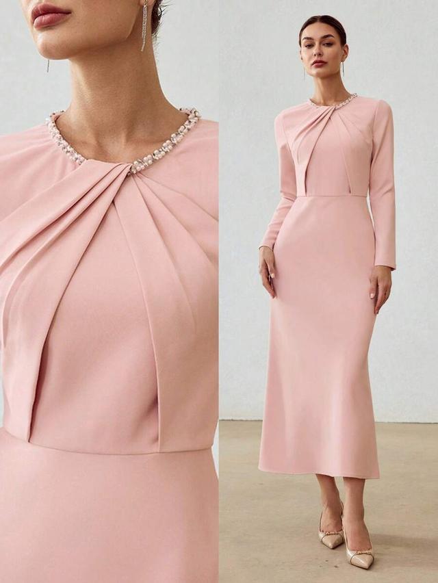 premium faux pearl ruched twist front flowy dress