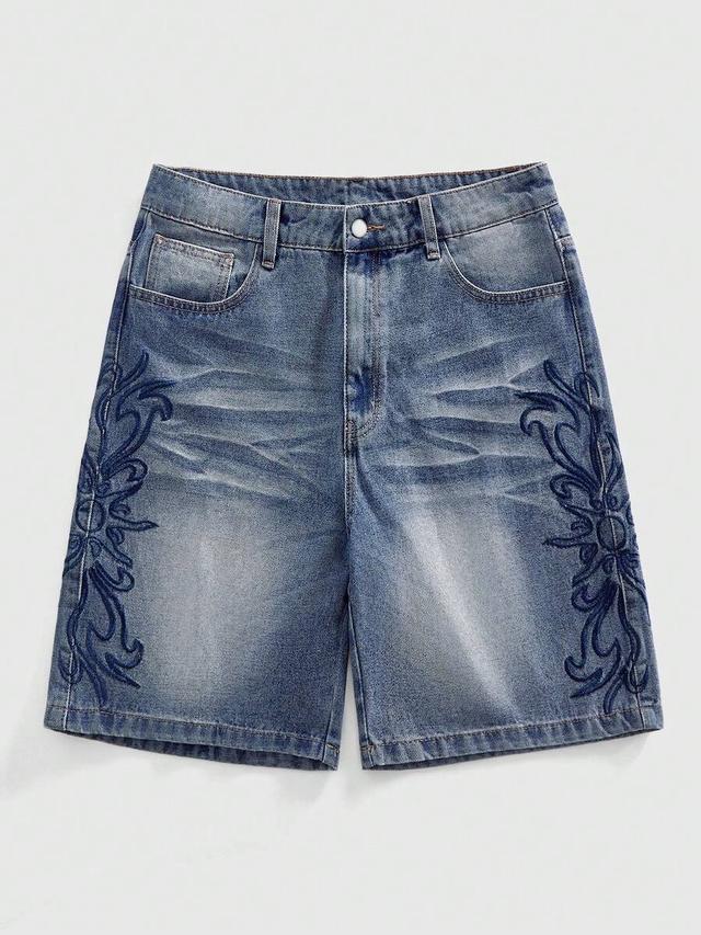 embroidered casual denim shorts with slant pockets
