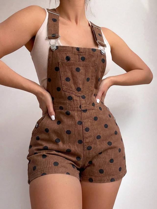 brown polka dot denim dungaree shorts