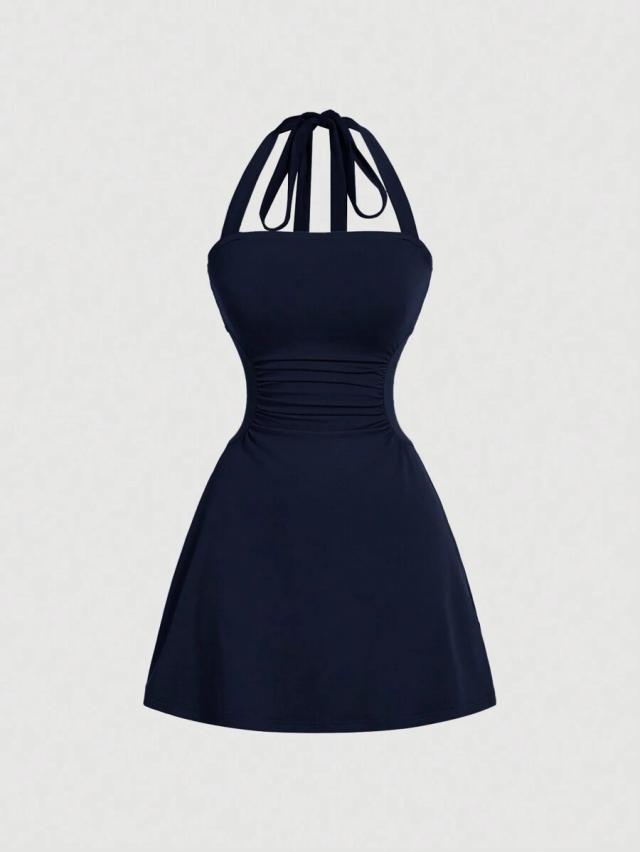 solid navy v-halter a-line dress with cinched waist