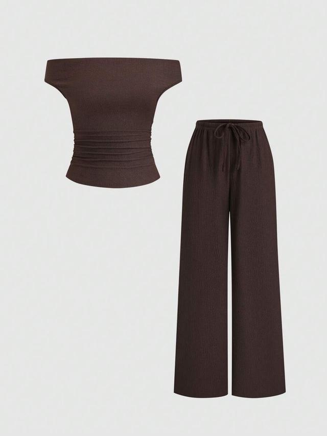 solid brown off-shoulder top and wide-leg pants set