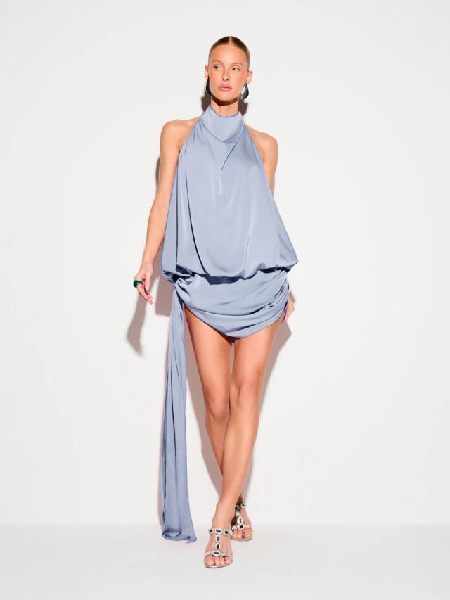 dusty blue satin halter neck mini dress
