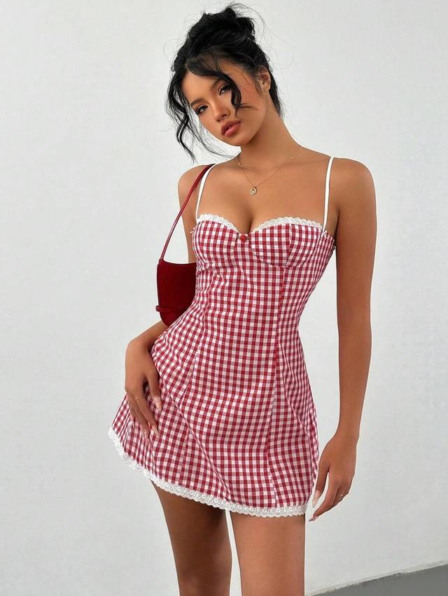 red plaid lace trim cami bodycon mini dress