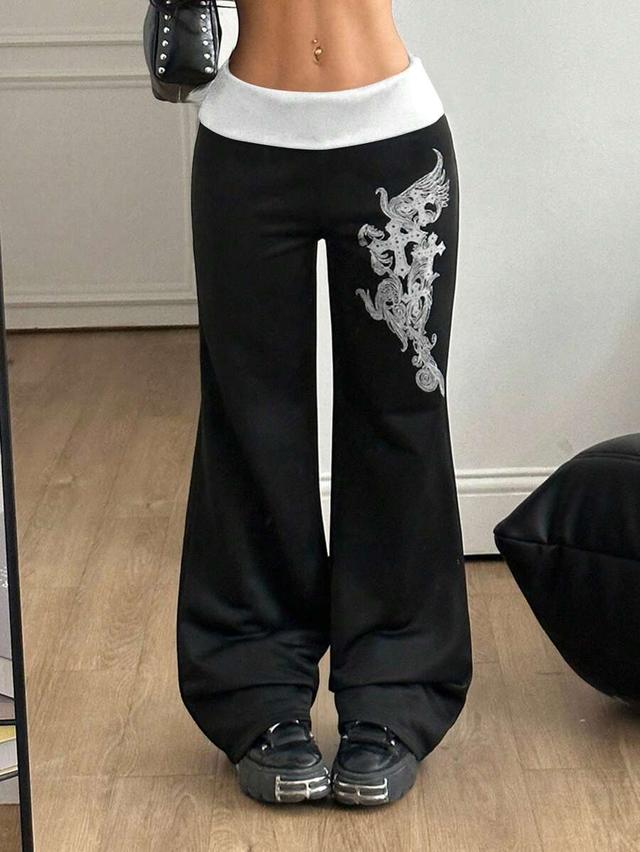 black and white y2k grunge graphic wide leg sweatpants