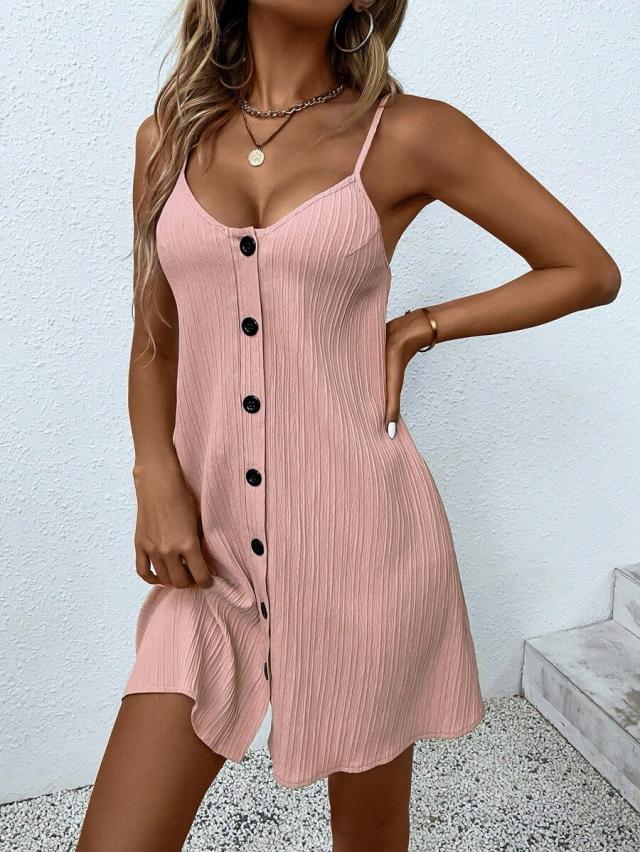 pink pleated button front strap mini dress
