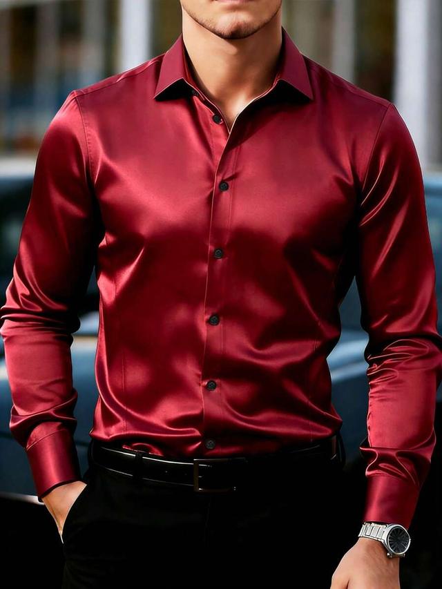 burgundy red satin long sleeve dress shirt