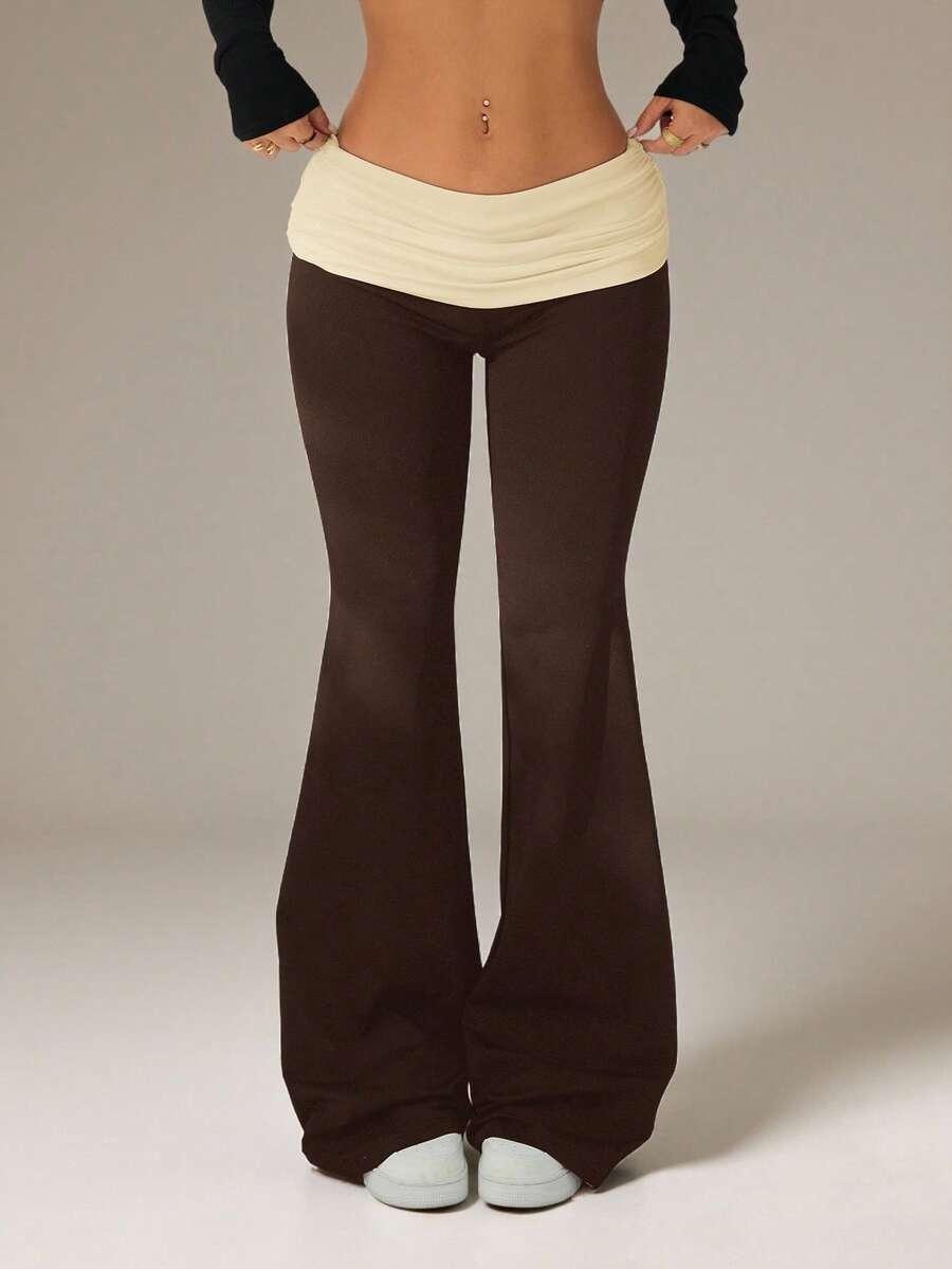 contrast color fold-over waist flare pants
