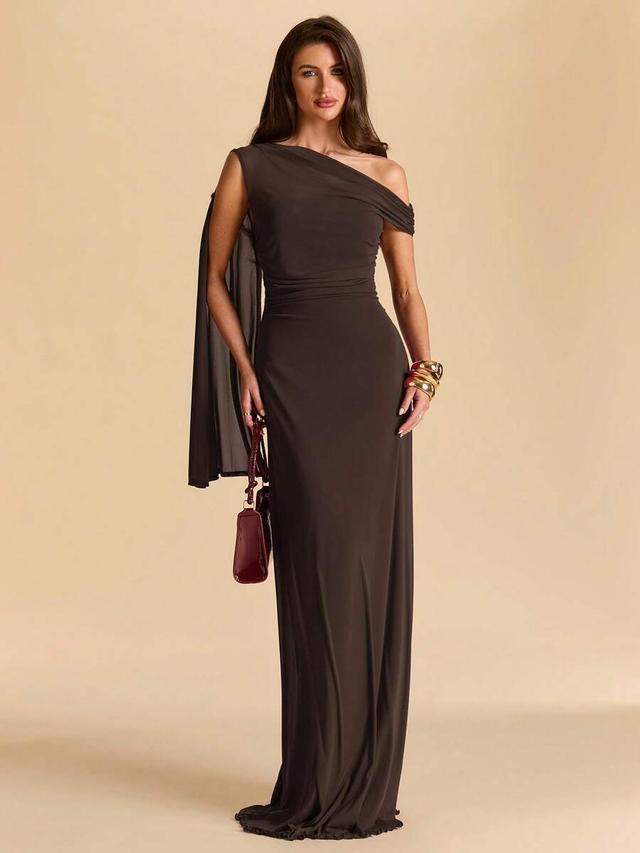 asymmetric ruched mesh bodycon mermaid dress in dark brown