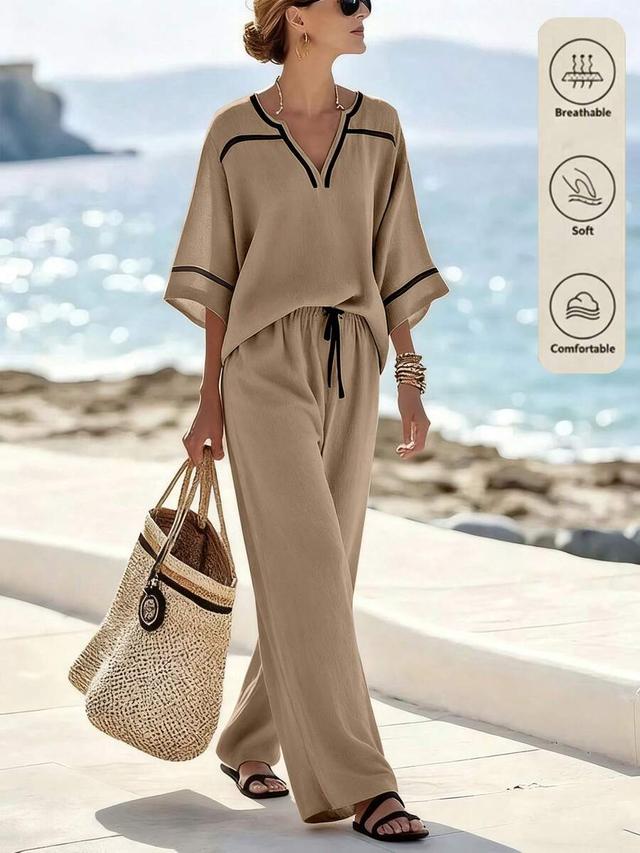 beige color block linen blend casual top