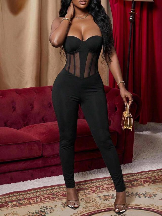black strapless corset jumpsuit with mesh waist panels