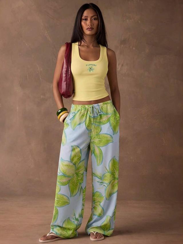 light blue floral floral print woven loose wide leg pants