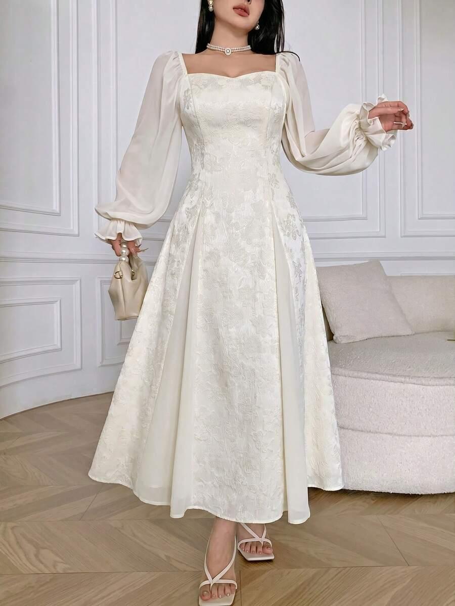 feyla women's elegant romantic jacquard patchwork long dress