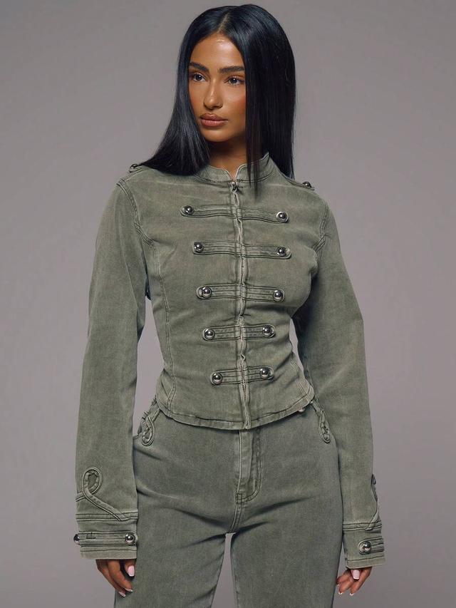 olive military style structured denim jacket