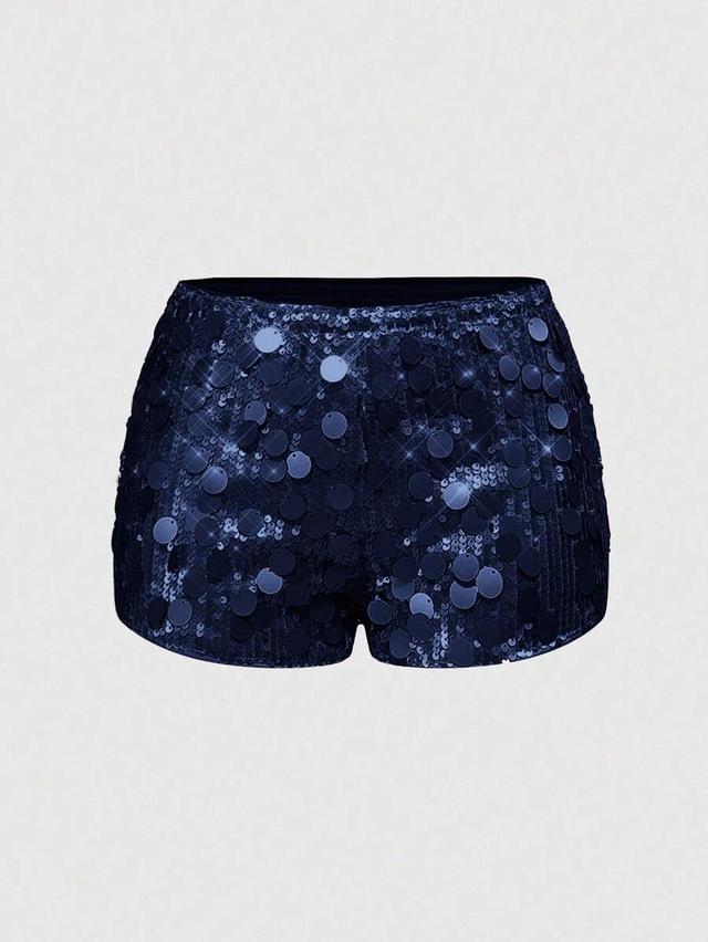 navy blue sequin embellished stretchy mini shorts