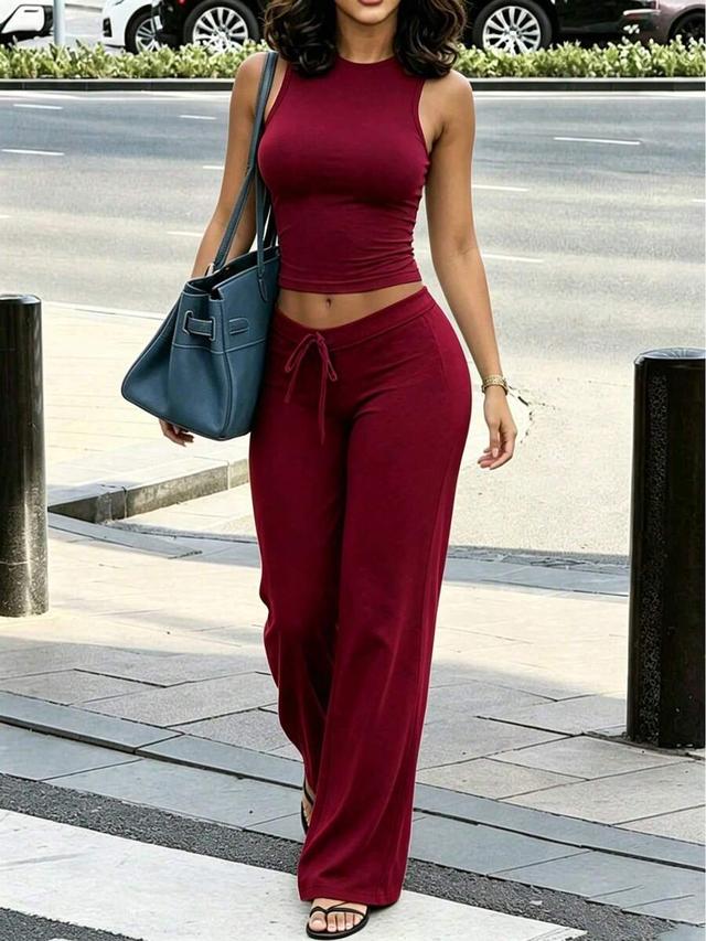 burgundy solid color tank top and pants set