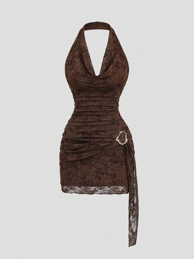 brown lace rose pattern draped halter mini dress