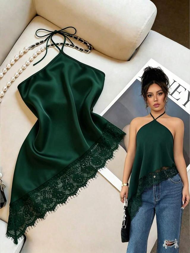 dark green satin halter camisole with lace trim