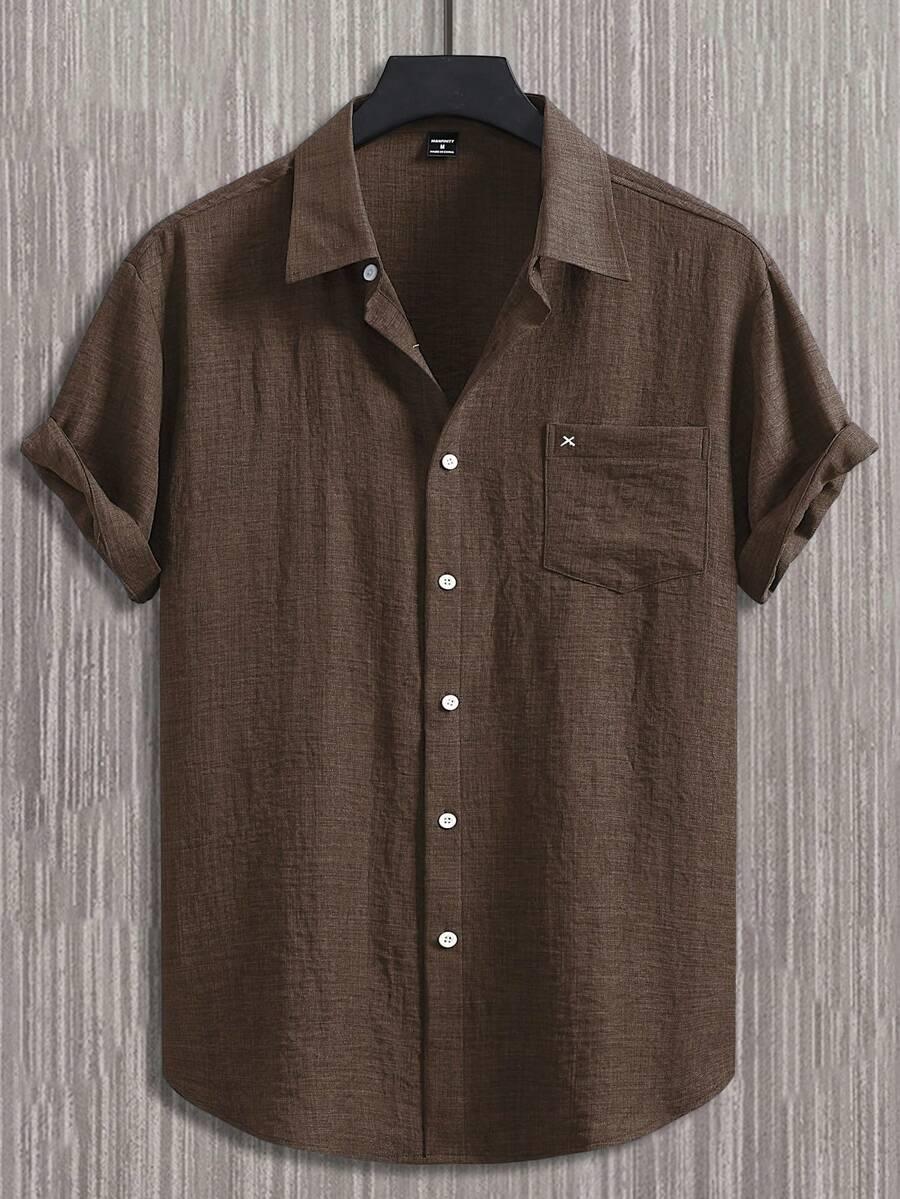 brown short sleeve casual cotton blend shirt