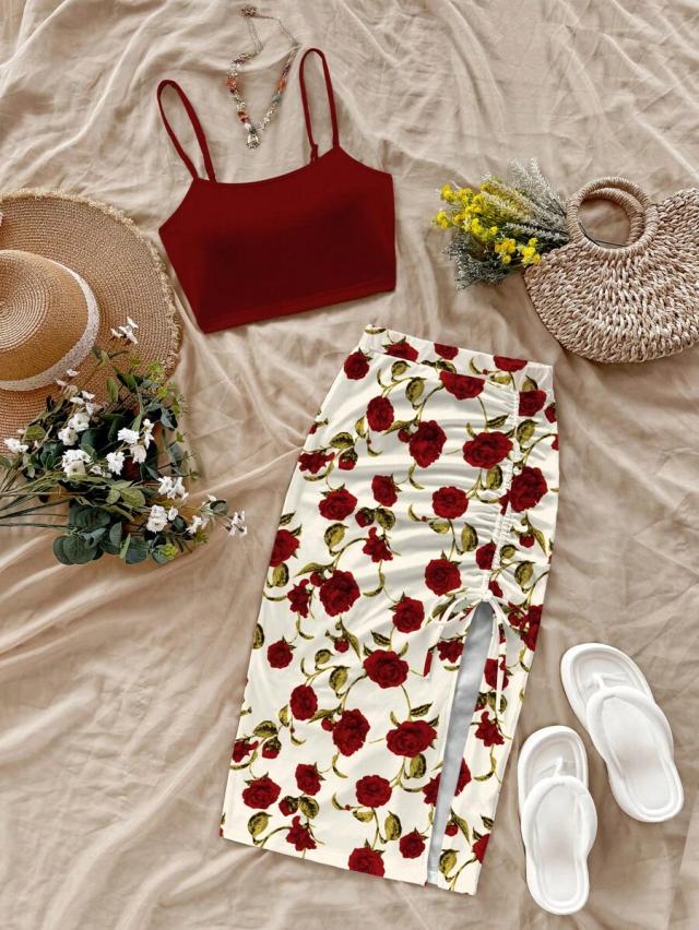 red floral print camisole and midi skirt set