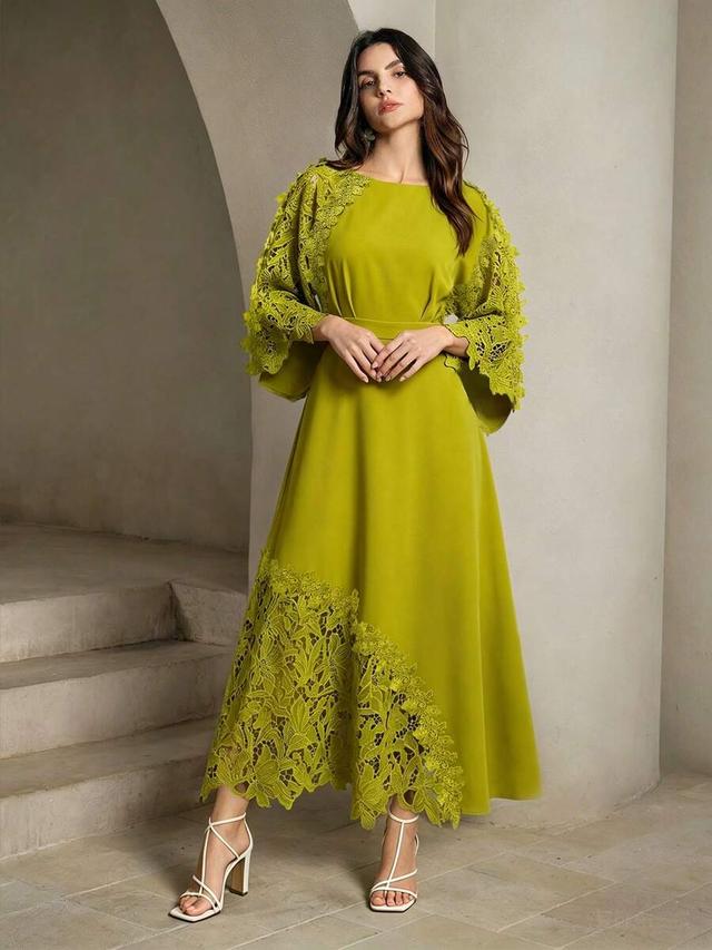anewsta elegant lime green lace patchwork batwing sleeve dress