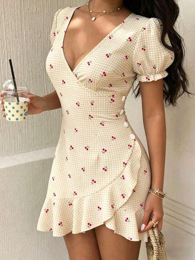 sunnyshic women's cherry print v-neck ruffle hem mini dress