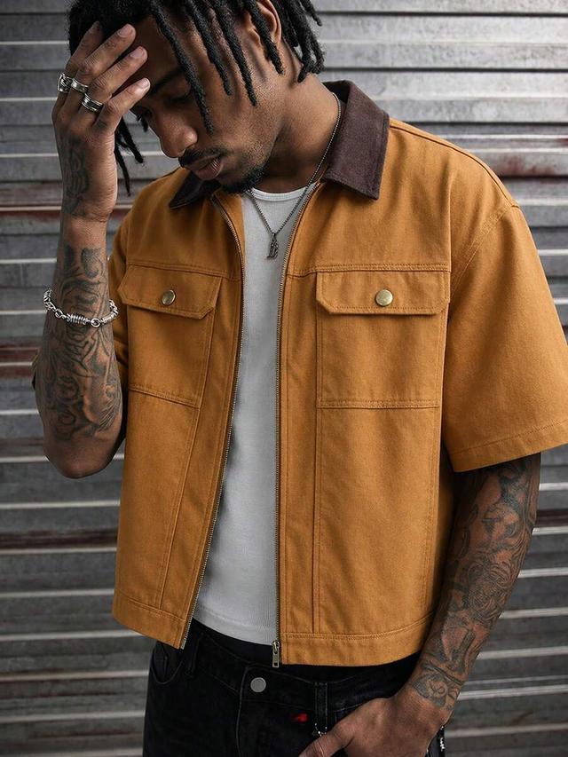 calleclaro men's colorblock lapel short sleeve zipper shirt