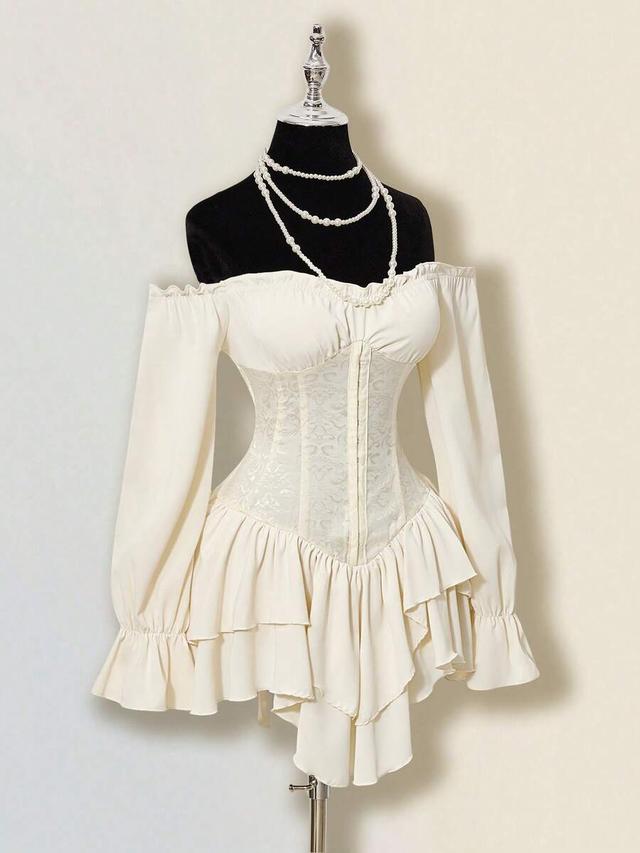 off shoulder long sleeve frill trim mini dress