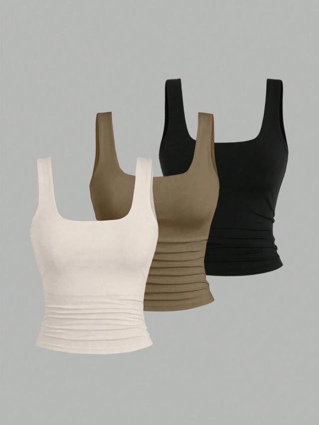 cream sweetra women square neck pleated fitted tank top