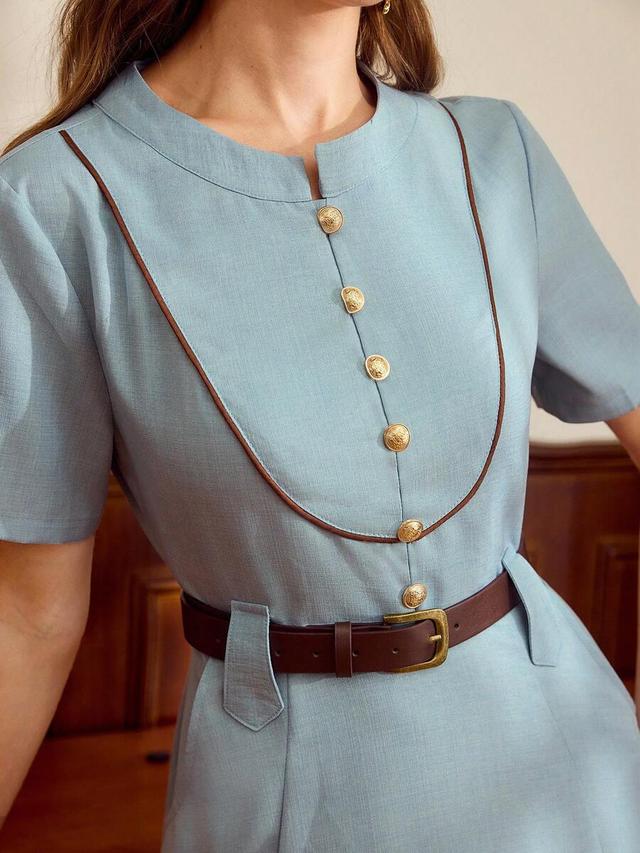 vintage light blue dress with contrast trim and belt