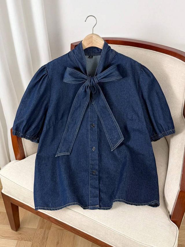 navy blue denim knotted bow blouse