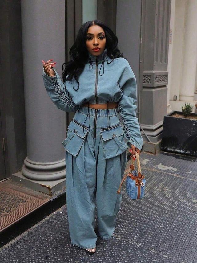 casual loose fit denim two piece set
