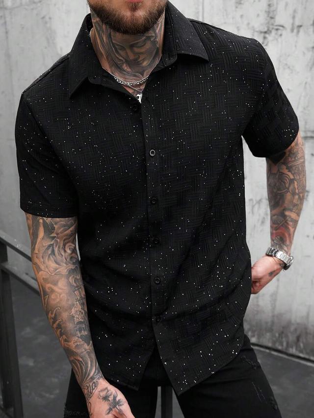 black textured short sleeve button-down shirt with rhinestones