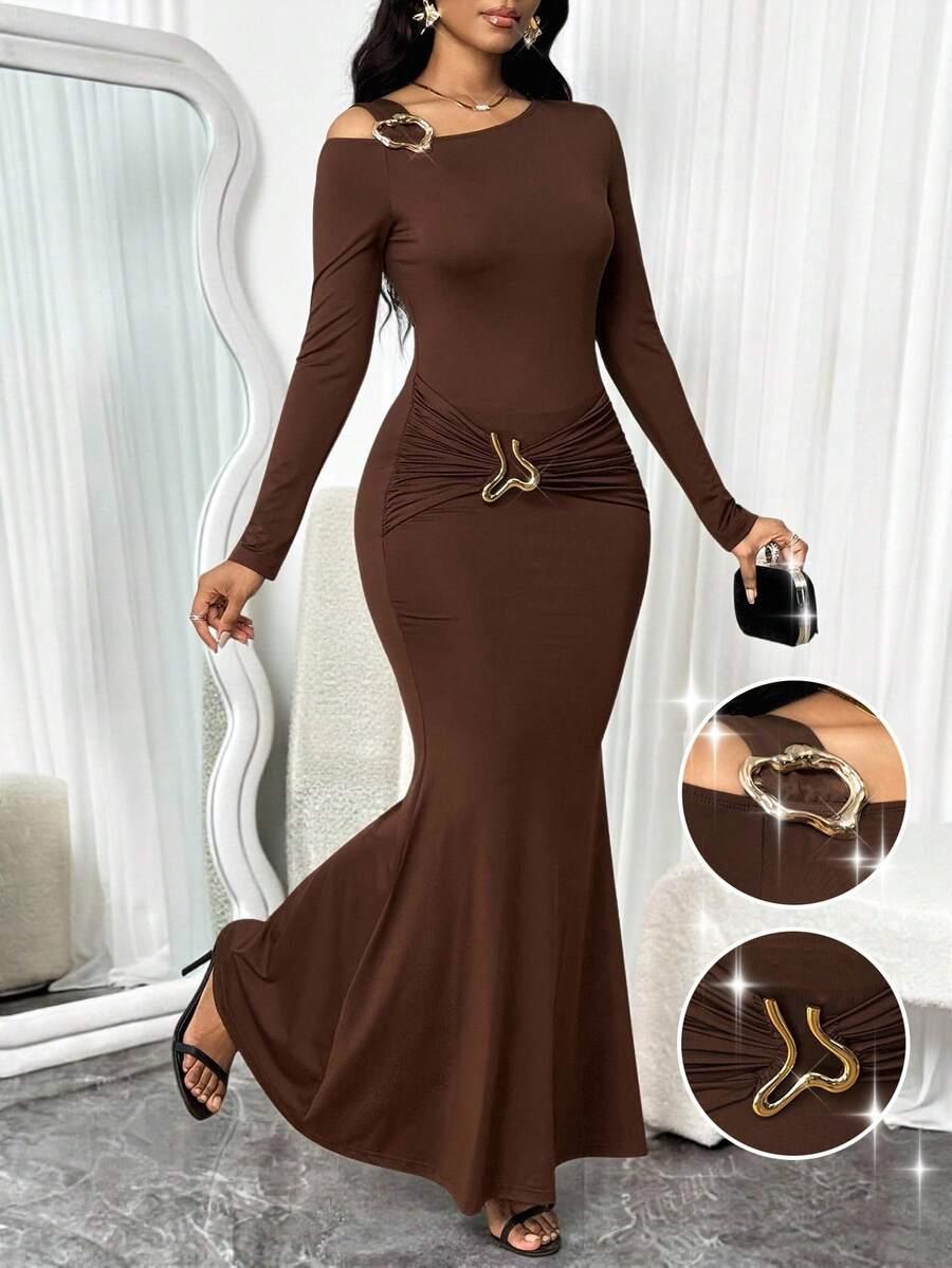 brown asymmetric neckline long sleeve fishtail dress