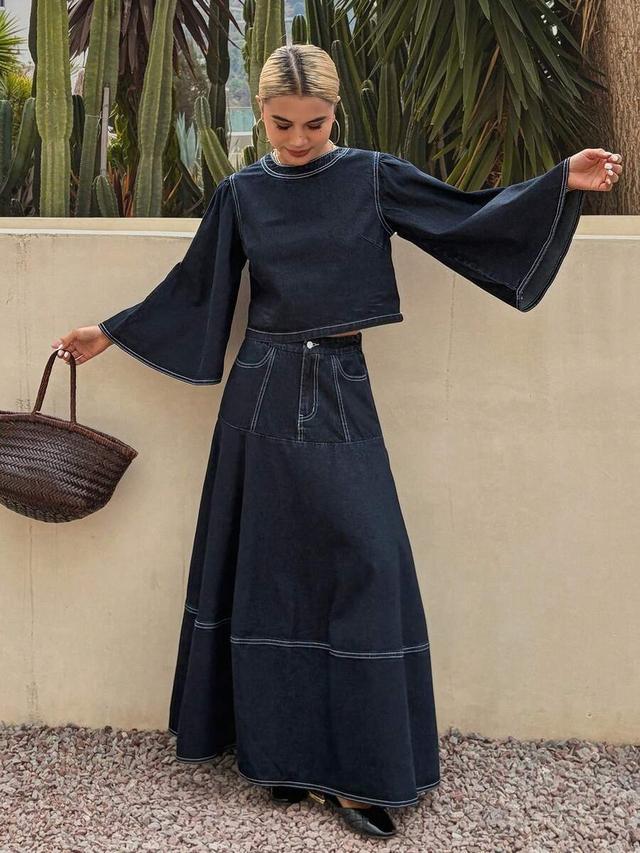 dark wash denim coord set with contrast stitching