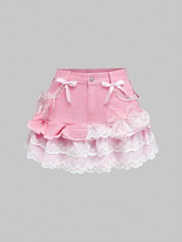 pink denim cake hem mini skirt with lace bows