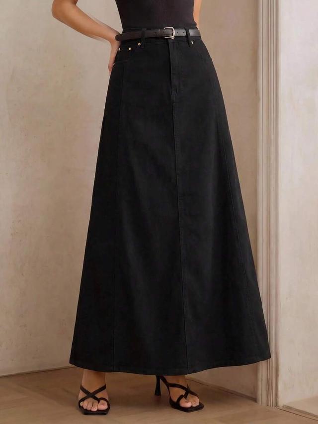 casual black denim midi skirt