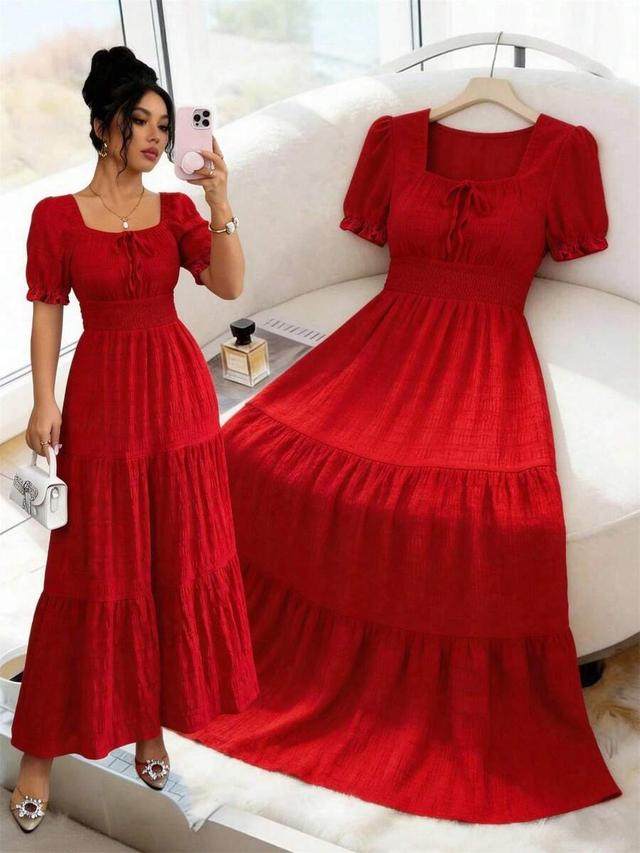 red textured waist tie petal sleeve tiered dress