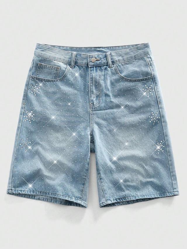 men's casual light wash denim shorts with rhinestone decor