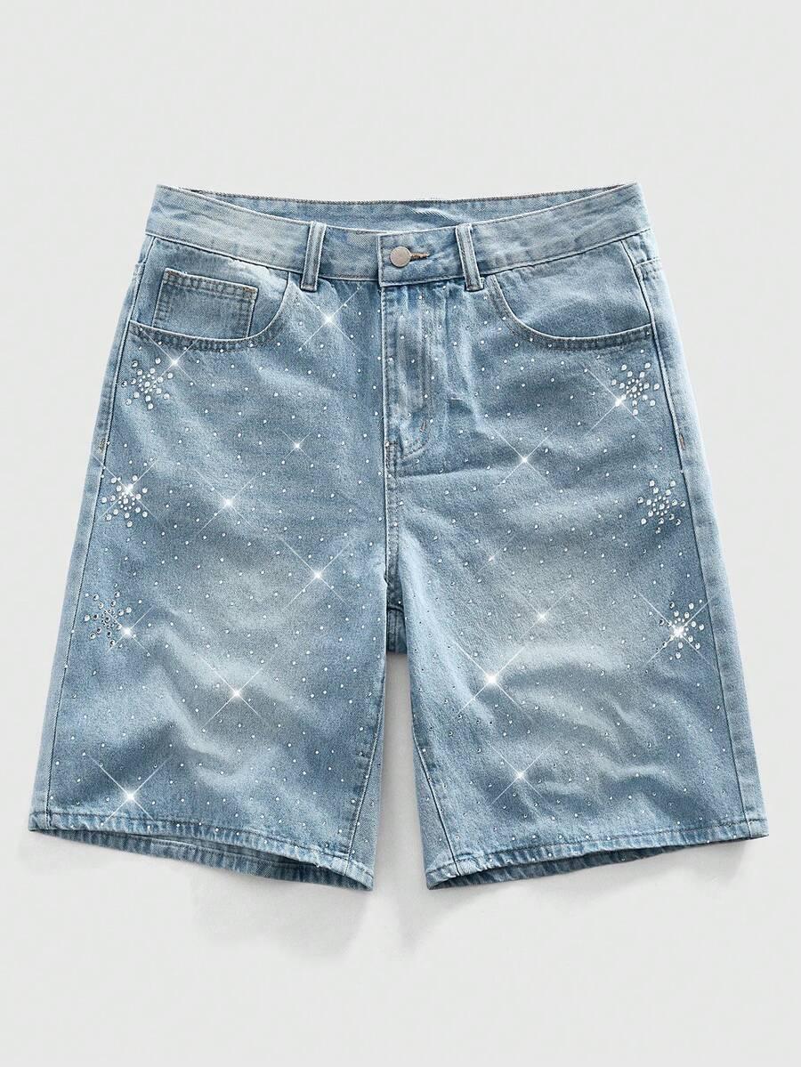 men's casual light wash denim shorts with rhinestone decor