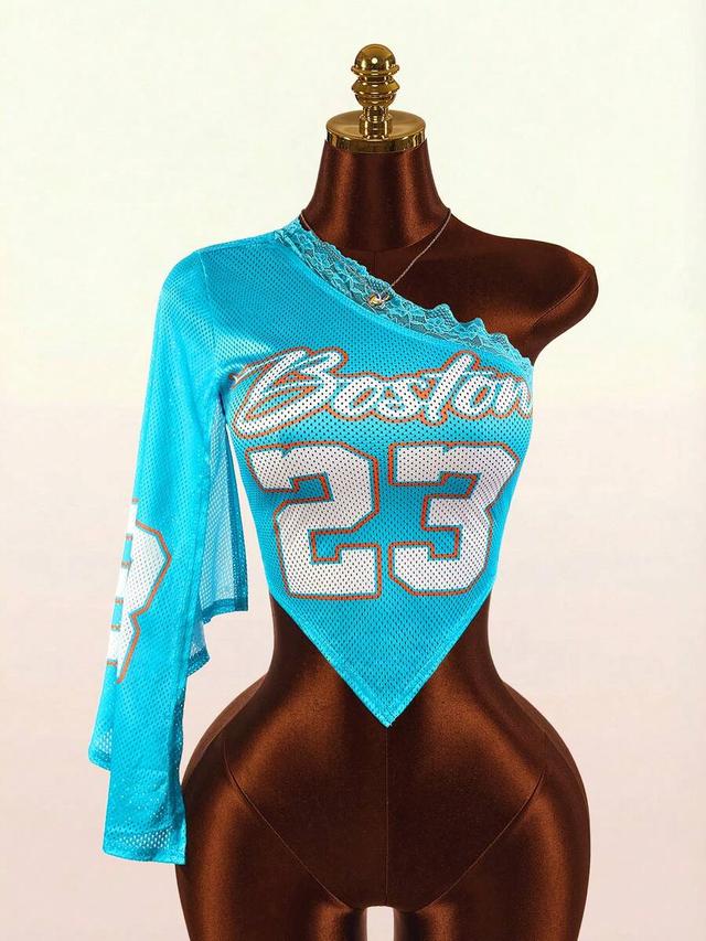 asymmetrical shoulder sports mesh number print top