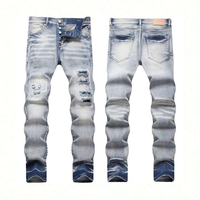 purple jeans ripped with distressed edges and faded wash