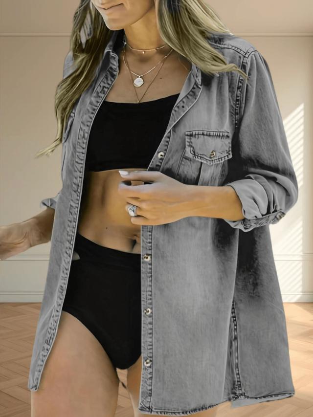 womens distressed grey denim shirt jacket
