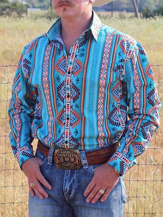 men's retro western geometric print long sleeve shirt