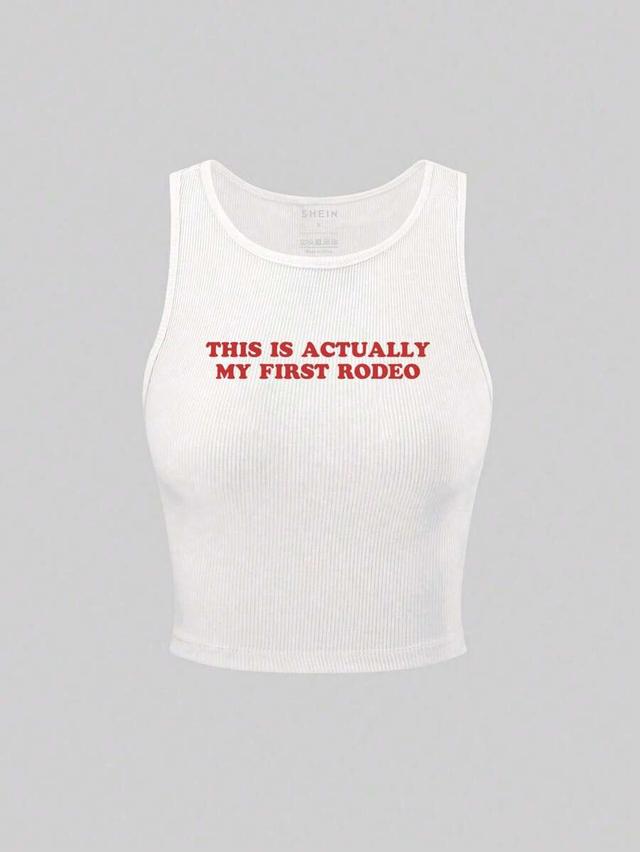 white ribbed cotton slogan print tank top