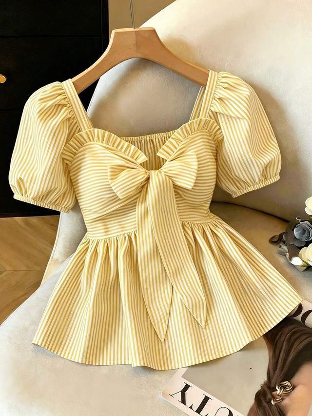 yellow striped bow front puff sleeve peplum blouse