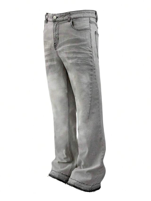 washed distressed hem grey denim straight leg jeans