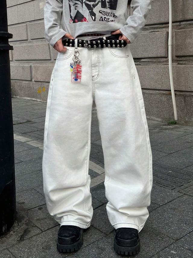 vintage graffiti print loose fit wide leg jeans