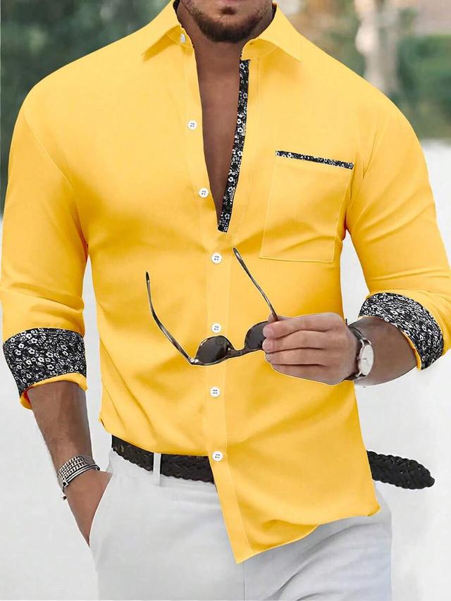 men's yellow ditsy floral accent button-up shirt