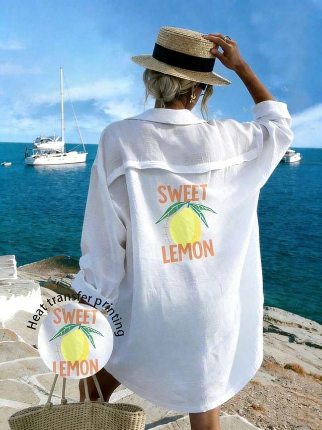 white lemon print vacation shirt dress